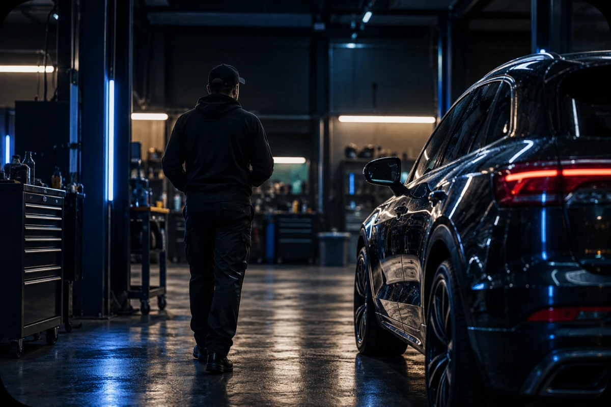 Profesional en un taller de detailing junto a un coche negro