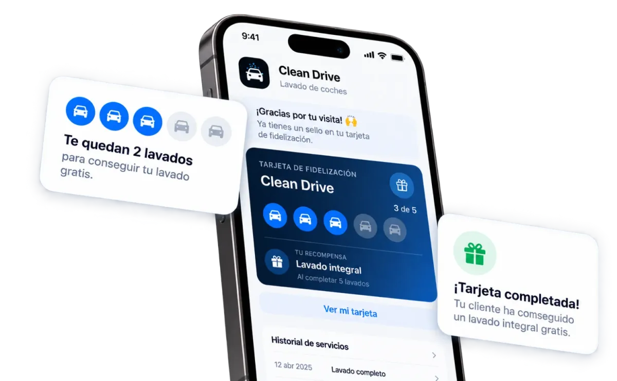 Tarjeta de fidelidad de Clean Drive con puntos por cada lavado y un lavado integral de regalo
